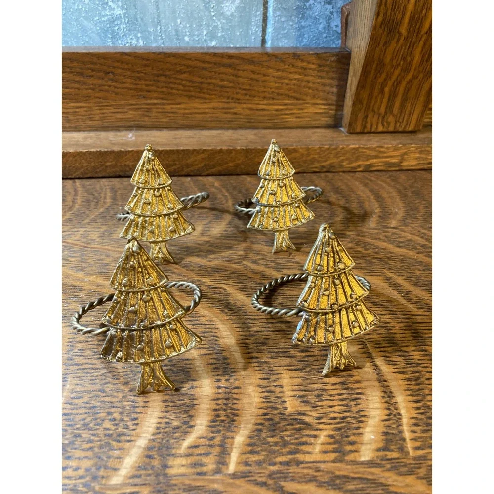 Vintage Gold Christmas Tree Napkin Rings Set of 4 Holiday Table Decor Metal Tree